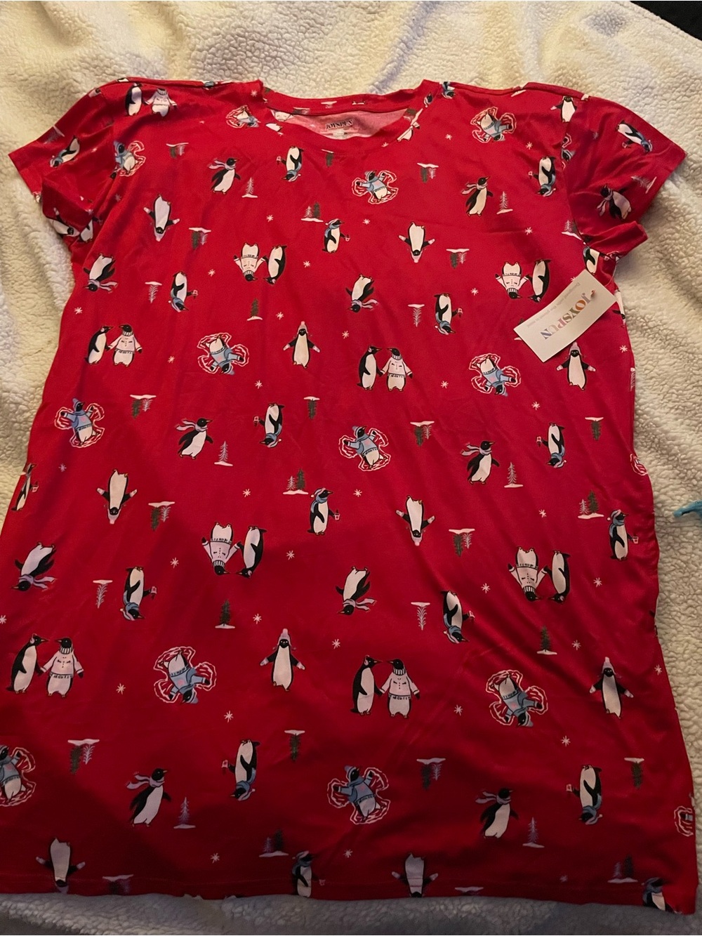 Natori Red Penguin-Print Short Sleeve Sleep Tee